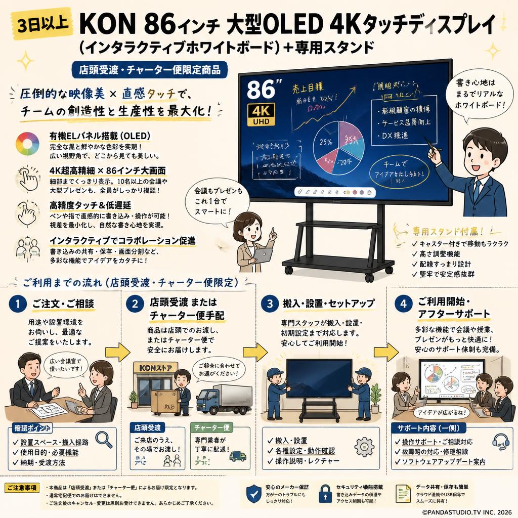 【3日以上】KON 86インチ 大型OLED 4Kタッチディスプレイ（インタラクティブホワイトボード）＋専用スタンド【店頭受渡・チャーター便限定商品】 概要