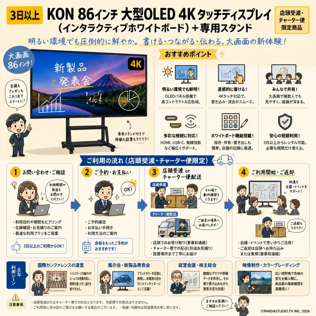 【3日以上】KON 86インチ 大型OLED 4Kタッチディスプレイ（インタラクティブホワイトボード）＋専用スタンド【店頭受渡・チャーター便限定商品】 おもな対象のお客様