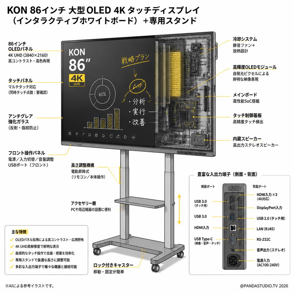 【3日以上】KON 86インチ 大型OLED 4Kタッチディスプレイ（インタラクティブホワイトボード）＋専用スタンド【店頭受渡・チャーター便限定商品】 スペック