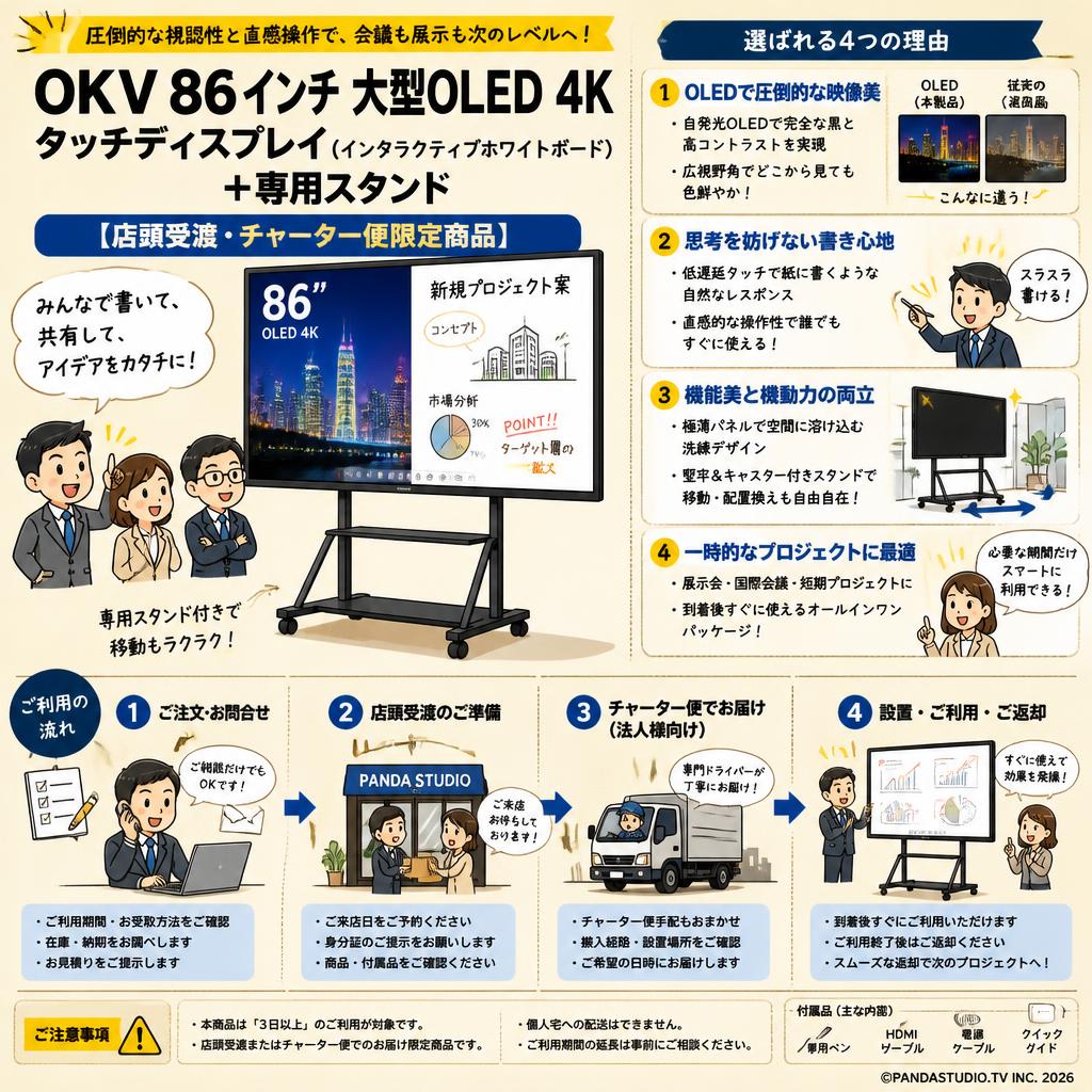 【3日以上】OKV 86インチ 大型OLED 4Kタッチディスプレイ（インタラクティブホワイトボード）＋専用スタンド【店頭受渡・チャーター便限定商品】 概要