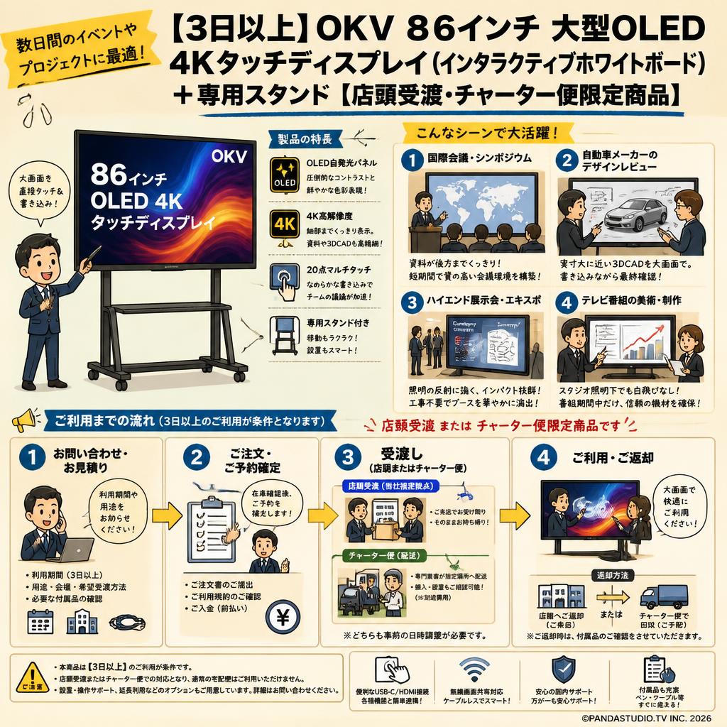 【3日以上】OKV 86インチ 大型OLED 4Kタッチディスプレイ（インタラクティブホワイトボード）＋専用スタンド【店頭受渡・チャーター便限定商品】 おもな対象のお客様