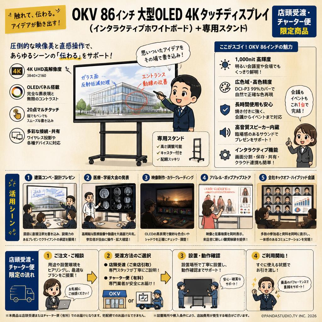 【3日以上】OKV 86インチ 大型OLED 4Kタッチディスプレイ（インタラクティブホワイトボード）＋専用スタンド【店頭受渡・チャーター便限定商品】 用途