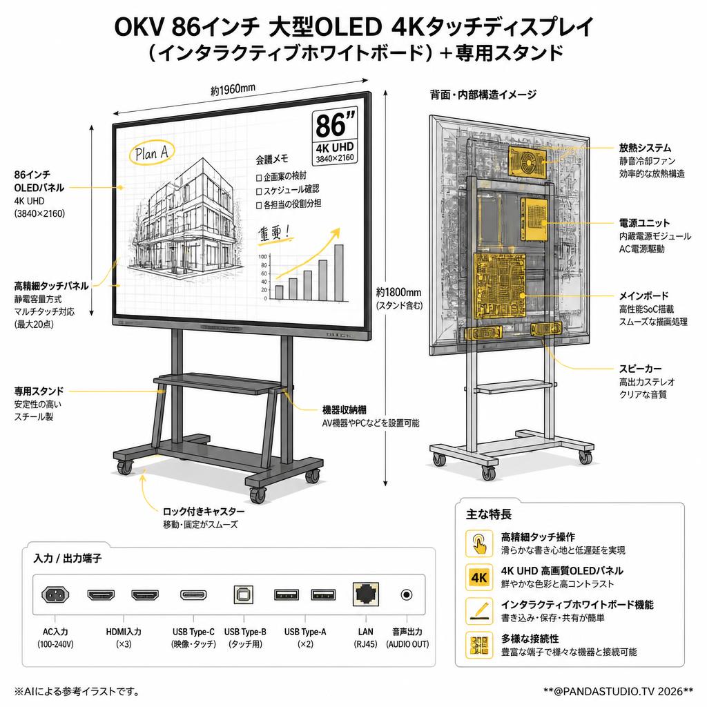 【3日以上】OKV 86インチ 大型OLED 4Kタッチディスプレイ（インタラクティブホワイトボード）＋専用スタンド【店頭受渡・チャーター便限定商品】 スペック