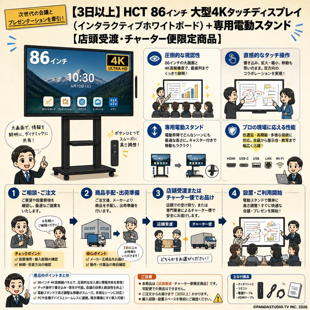 【3日以上】HCT 86インチ 大型4Kタッチディスプレイ（インタラクティブホワイトボード）＋専用電動スタンド【店頭受渡・チャーター便限定商品】 概要