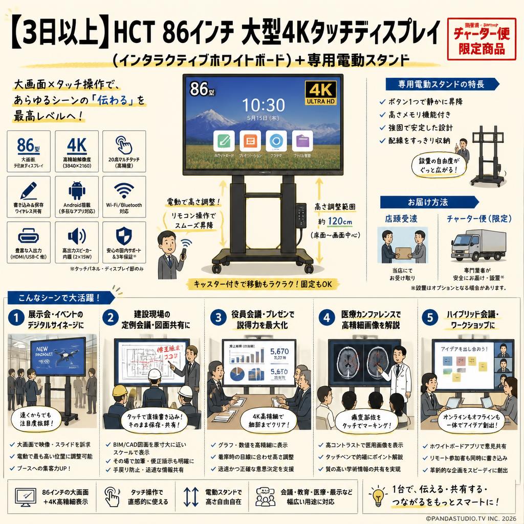 【3日以上】HCT 86インチ 大型4Kタッチディスプレイ（インタラクティブホワイトボード）＋専用電動スタンド【店頭受渡・チャーター便限定商品】 用途