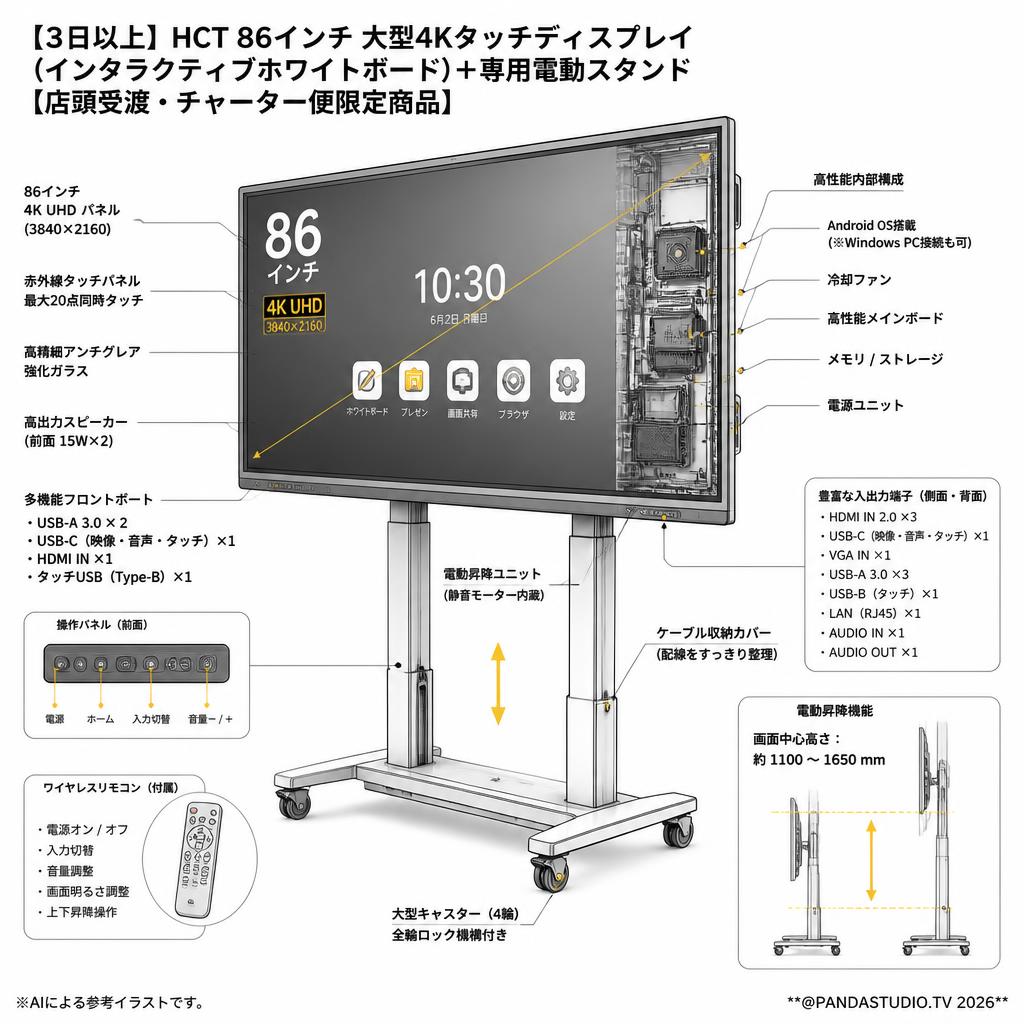 【3日以上】HCT 86インチ 大型4Kタッチディスプレイ（インタラクティブホワイトボード）＋専用電動スタンド【店頭受渡・チャーター便限定商品】 スペック