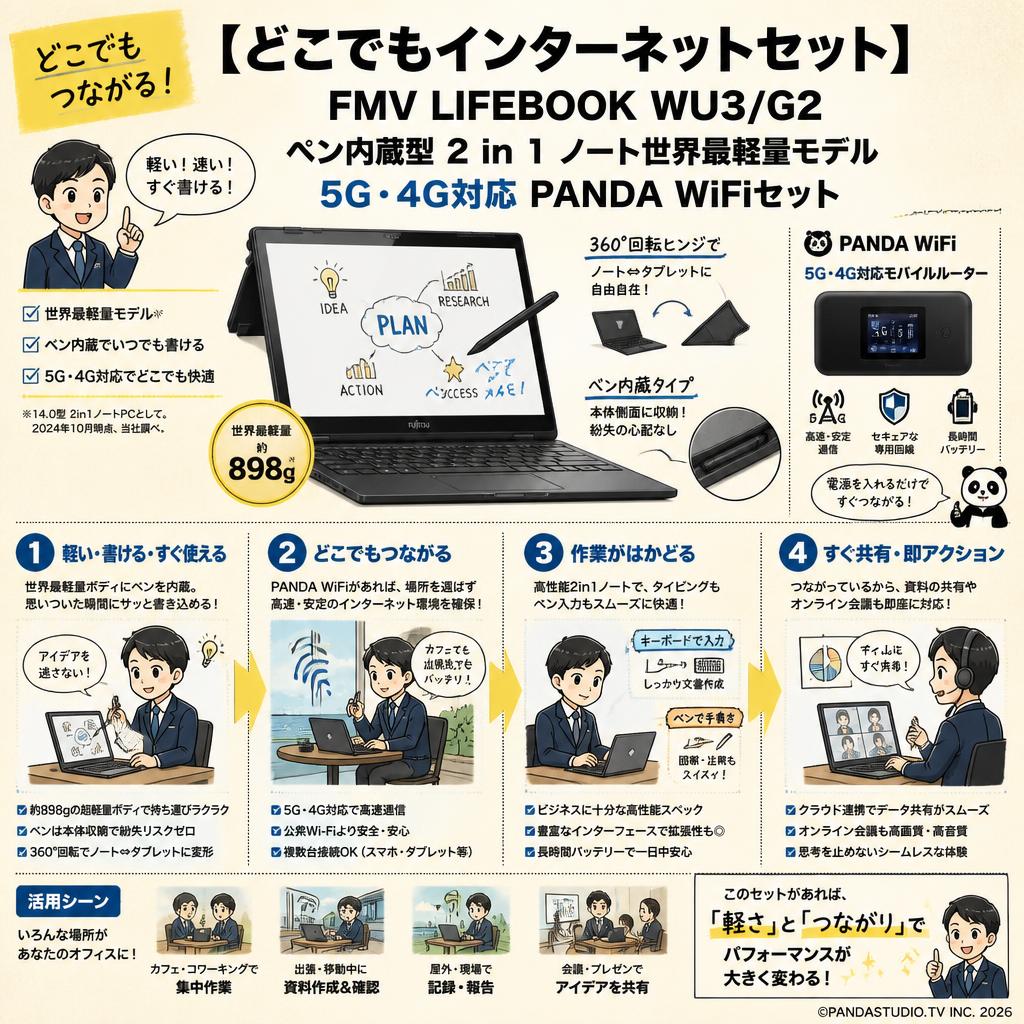 【どこでもインターネットセット】FMV LIFEBOOK WU3/G2 ペン内蔵型 2 in 1 ノート世界最軽量モデル / 5G・4G対応 PANDA WiFiセット 概要