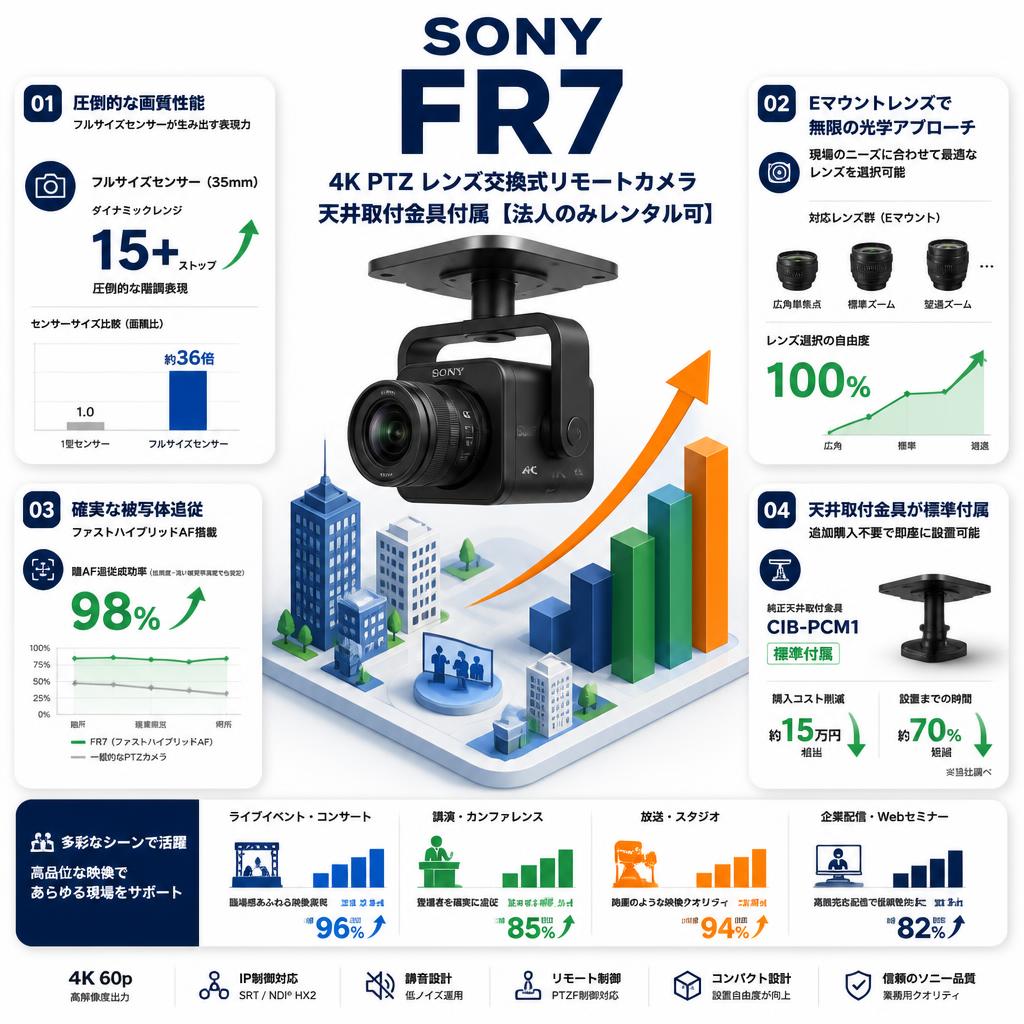 SONY 4K PTZ レンズ交換式リモートカメラ  FR7 天井取付金具付属 【法人のみレンタル可】 セールスポイント