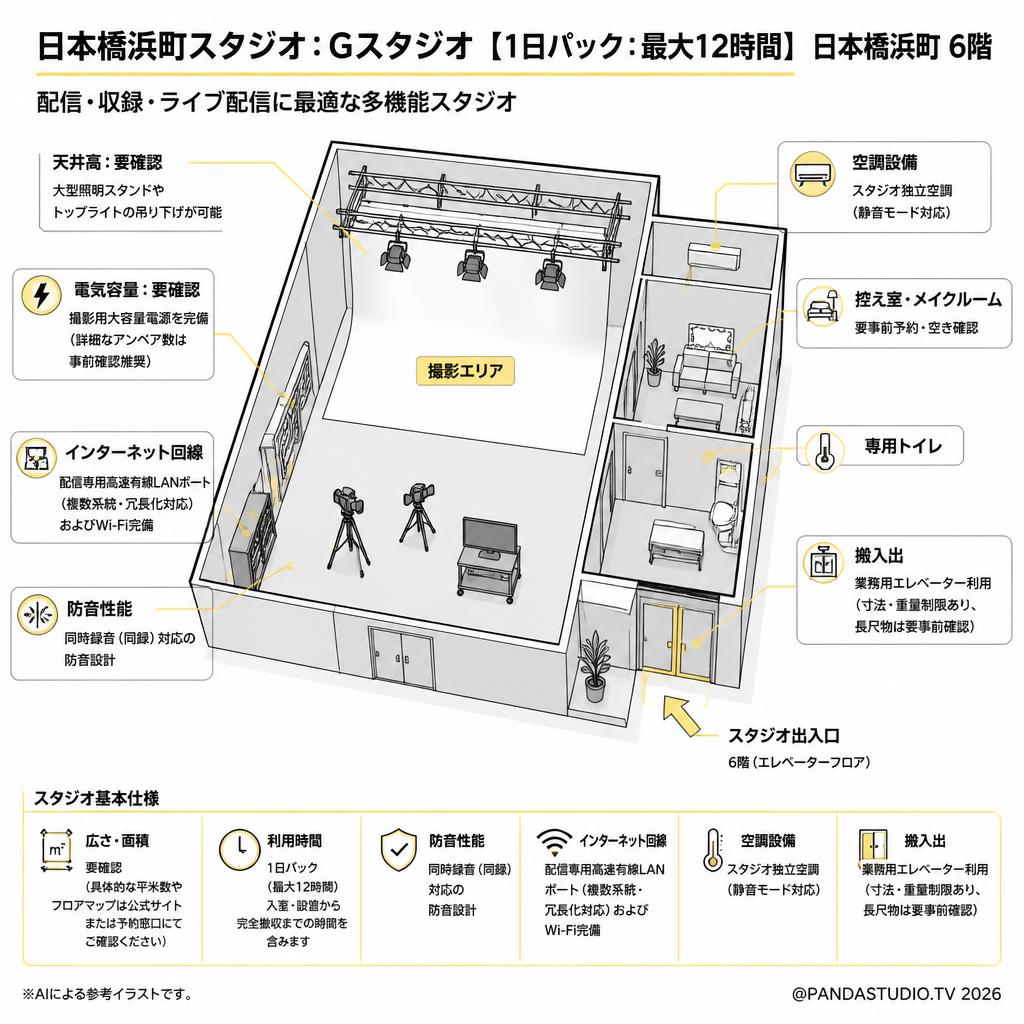 日本橋浜町スタジオ：Gスタジオ【1日パック：最大12時間】日本橋浜町 6階 スペック