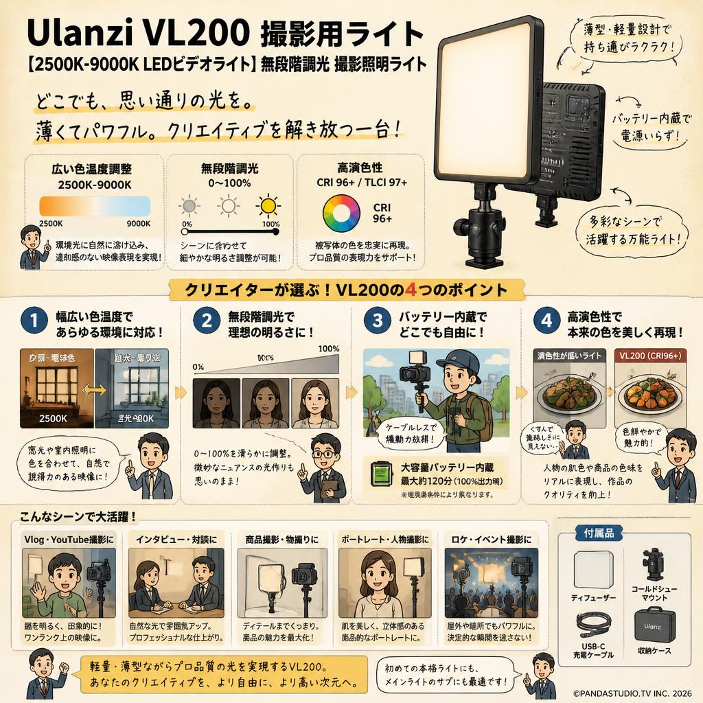 Ulanzi VL200 撮影用ライト【 2500K-9000K LEDビデオライト】無段階調光 撮影照明ライト 概要