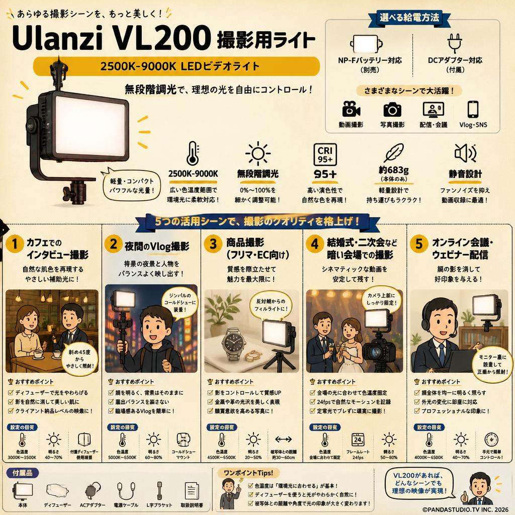 Ulanzi VL200 撮影用ライト【 2500K-9000K LEDビデオライト】無段階調光 撮影照明ライト 用途