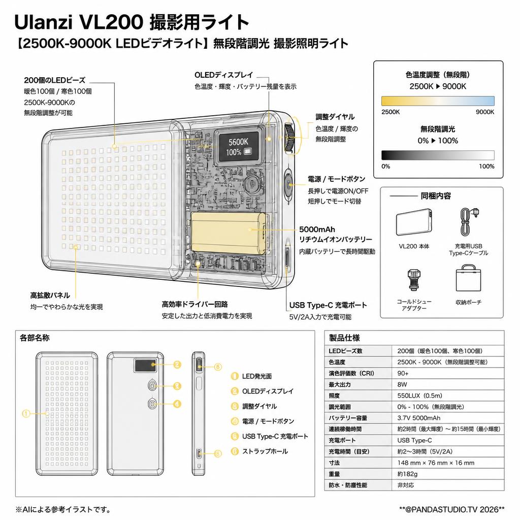 Ulanzi VL200 撮影用ライト【 2500K-9000K LEDビデオライト】無段階調光 撮影照明ライト スペック