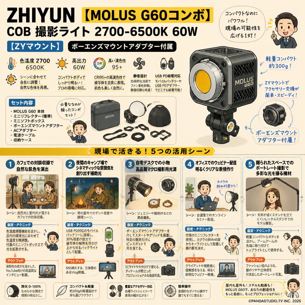 ZHIYUN 【MOLUS G60コンボ 】COB 撮影ライト 2700-6500K 60W 【ZYマウント】 ボーエンズマウントアダプター付属 用途