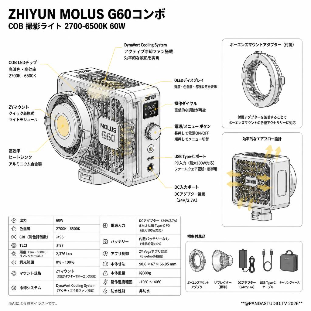 ZHIYUN 【MOLUS G60コンボ 】COB 撮影ライト 2700-6500K 60W 【ZYマウント】 ボーエンズマウントアダプター付属 スペック