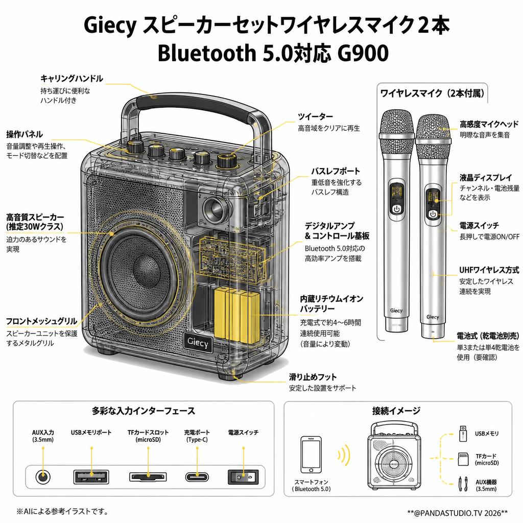 Giecy スピーカーセットワイヤレスマイク２本 Bluetooth 5.0対応 G900 スペック