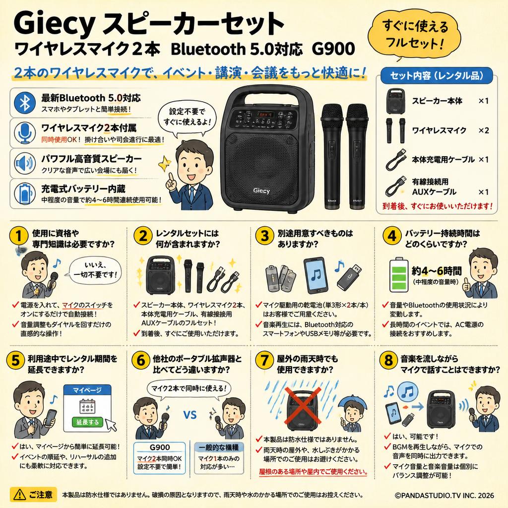 Giecy スピーカーセットワイヤレスマイク２本 Bluetooth 5.0対応 G900 FAQ（よくある質問と答え）