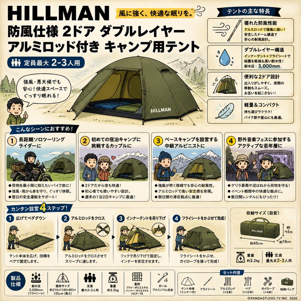 HILLMAN 防風仕様 2ドア ダブルレイヤー アルミロッド付き キャンプ用テント 定員最大 2－3人用 おもな対象のお客様