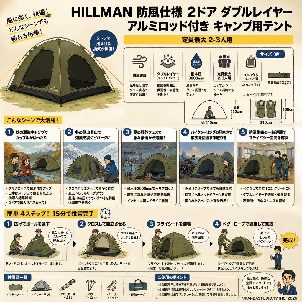 HILLMAN 防風仕様 2ドア ダブルレイヤー アルミロッド付き キャンプ用テント 定員最大 2－3人用 用途
