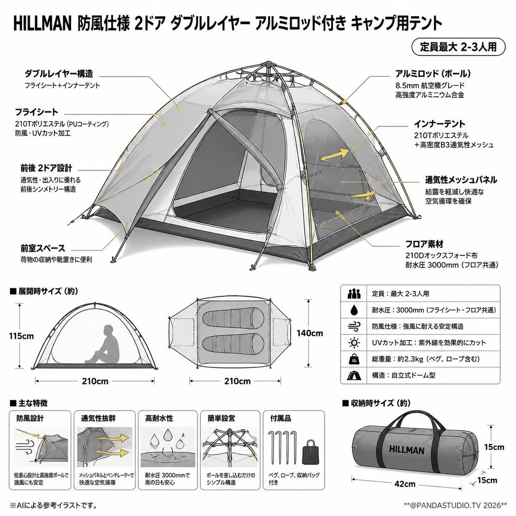 HILLMAN 防風仕様 2ドア ダブルレイヤー アルミロッド付き キャンプ用テント 定員最大 2－3人用 スペック