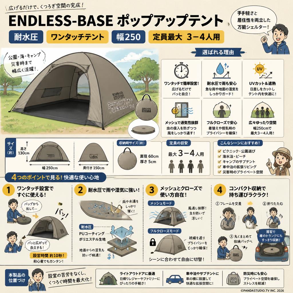 ENDLESS-BASE ポップアップテント 耐水圧 ワンタッチテント‎幅250 定員最大 3－4人用 概要