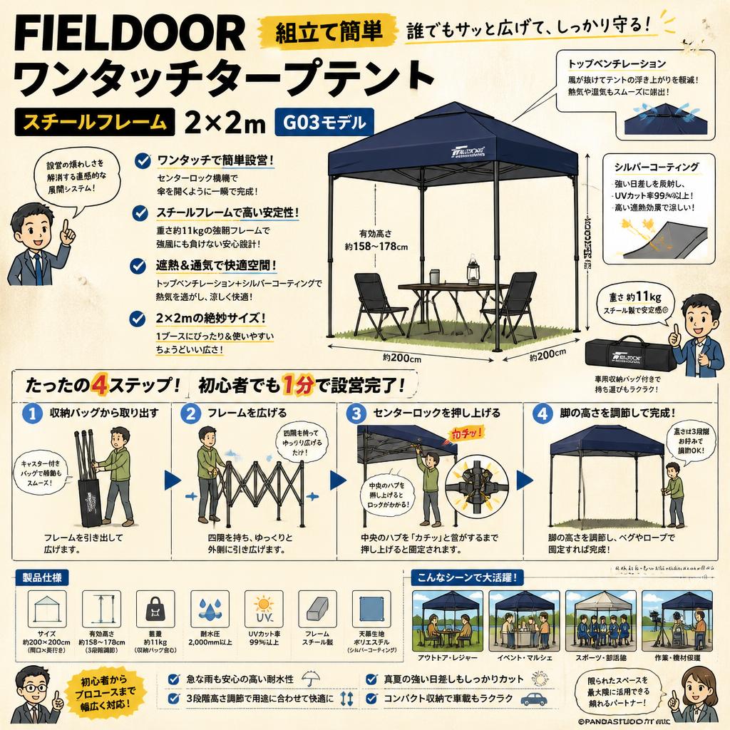 FIELDOOR 組立て簡単 ワンタッチタープテント スチールフレーム 2×2ｍ G03モデル 概要