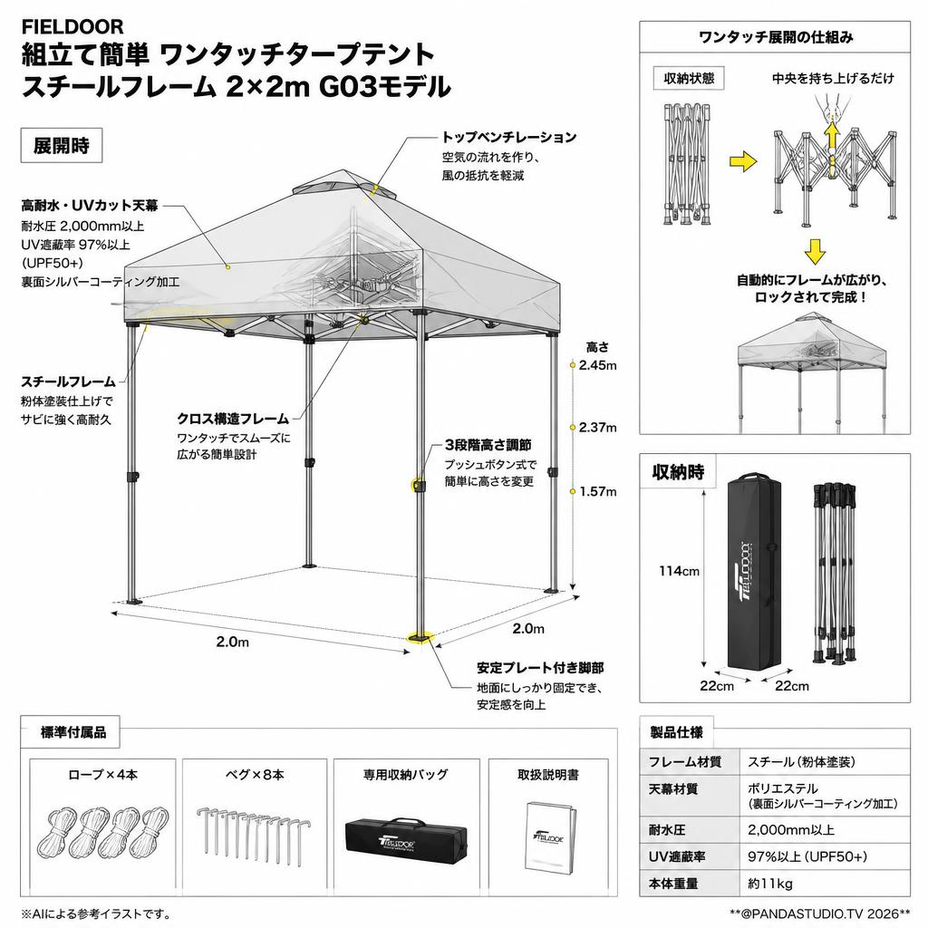 FIELDOOR 組立て簡単 ワンタッチタープテント スチールフレーム 2×2ｍ G03モデル スペック
