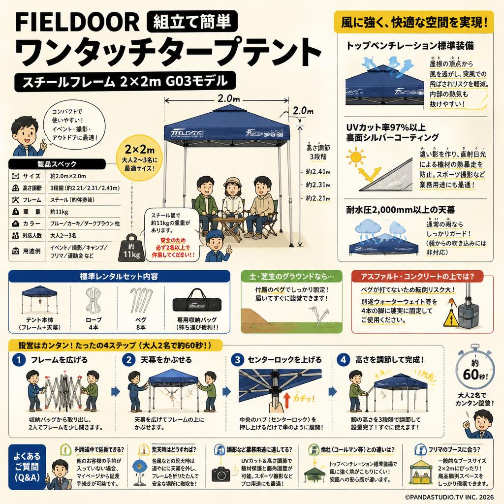 FIELDOOR 組立て簡単 ワンタッチタープテント スチールフレーム 2×2ｍ G03モデル FAQ（よくある質問と答え）