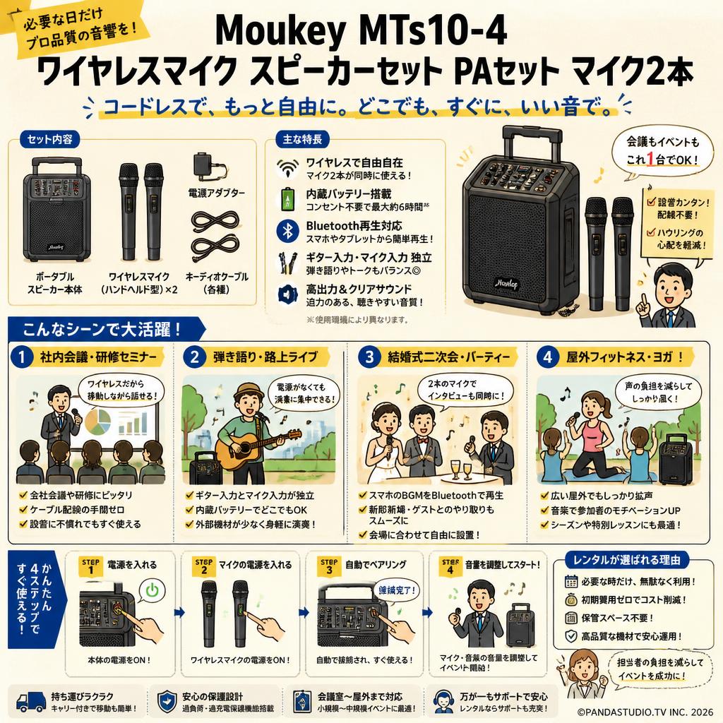 Moukey MTs10-4 ワイヤレスマイク スピーカーセット PAセット マイク2本 おもな対象のお客様