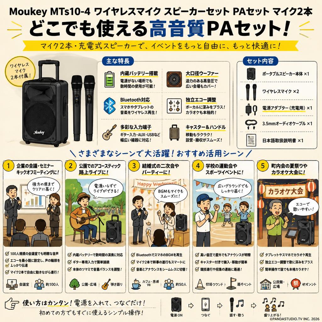 Moukey MTs10-4 ワイヤレスマイク スピーカーセット PAセット マイク2本 用途