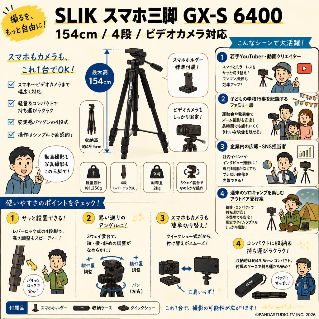 SLIK スマホ三脚  GX-S 6400 154cm 4段 ビデオカメラ対応 おもな対象のお客様