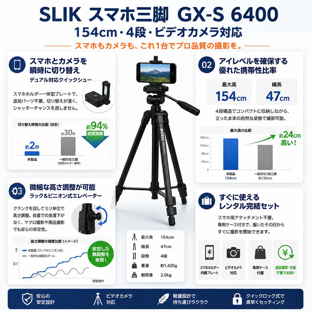 SLIK スマホ三脚  GX-S 6400 154cm 4段 ビデオカメラ対応 セールスポイント