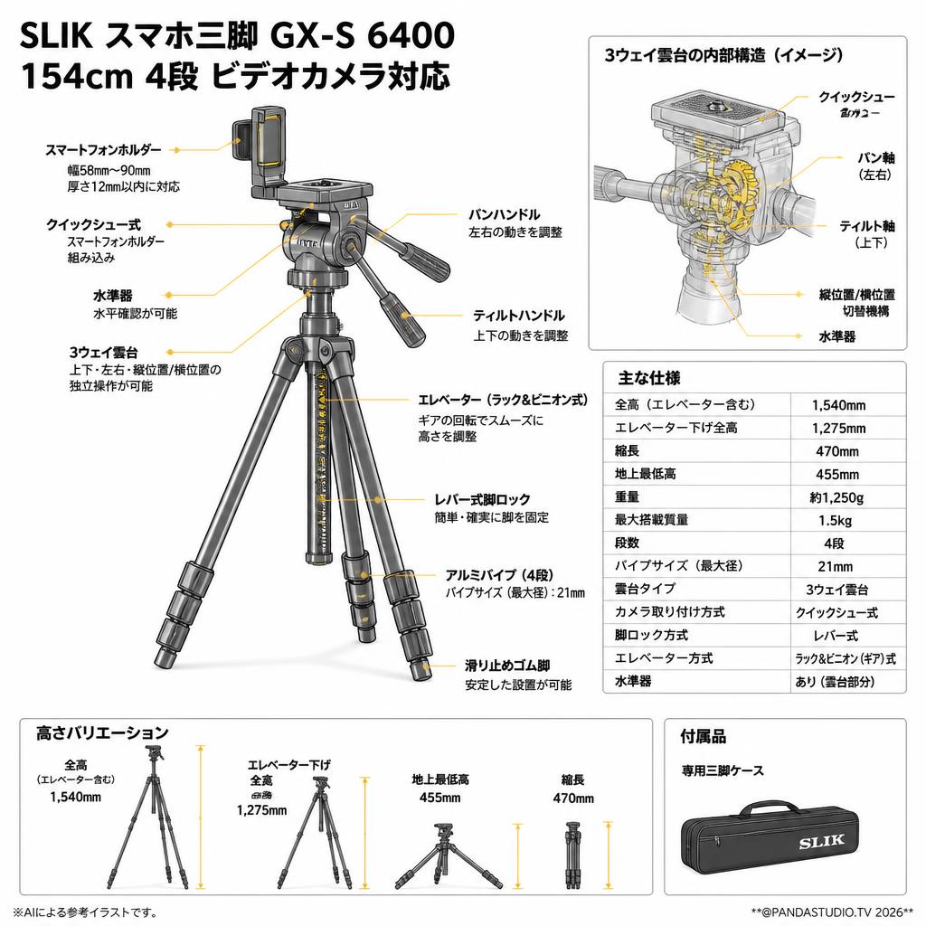 SLIK スマホ三脚  GX-S 6400 154cm 4段 ビデオカメラ対応 スペック