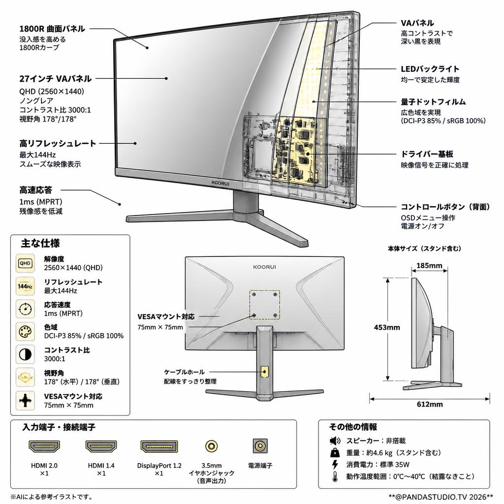 KOORUI ゲーミングモニター 液晶ディスプレイQHD【27インチ 27E6QC  】 スペック