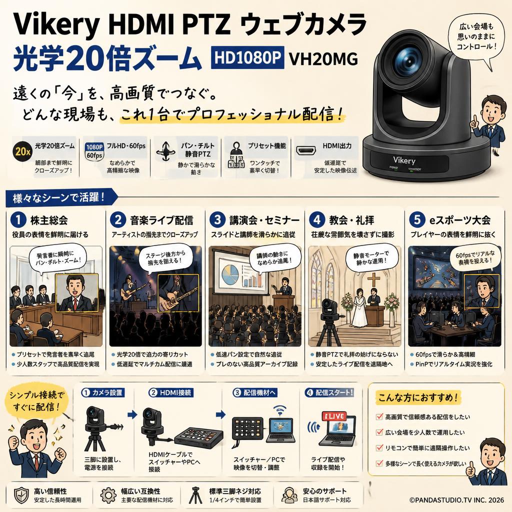 Vikery HDMI PTZ ウェブカメラ 光学20倍ズーム HD1080P VH20MG 用途