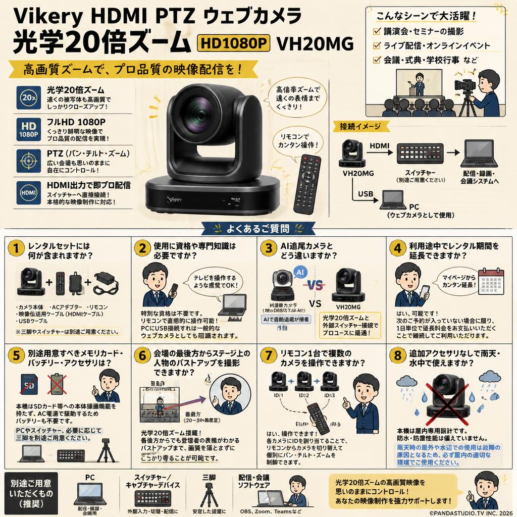 Vikery HDMI PTZ ウェブカメラ 光学20倍ズーム HD1080P VH20MG FAQ（よくある質問と答え）