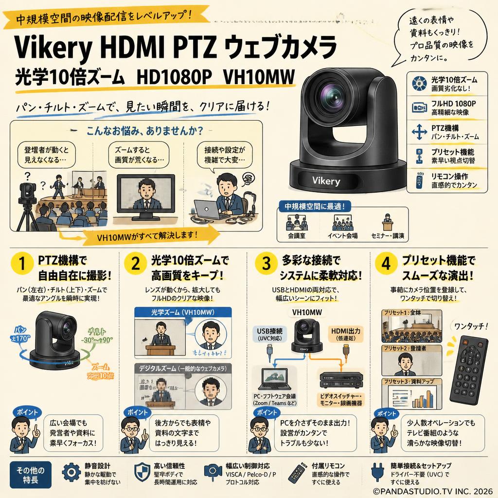 Vikery HDMI PTZ ウェブカメラ 光学10倍ズーム HD1080P VH10MW 概要