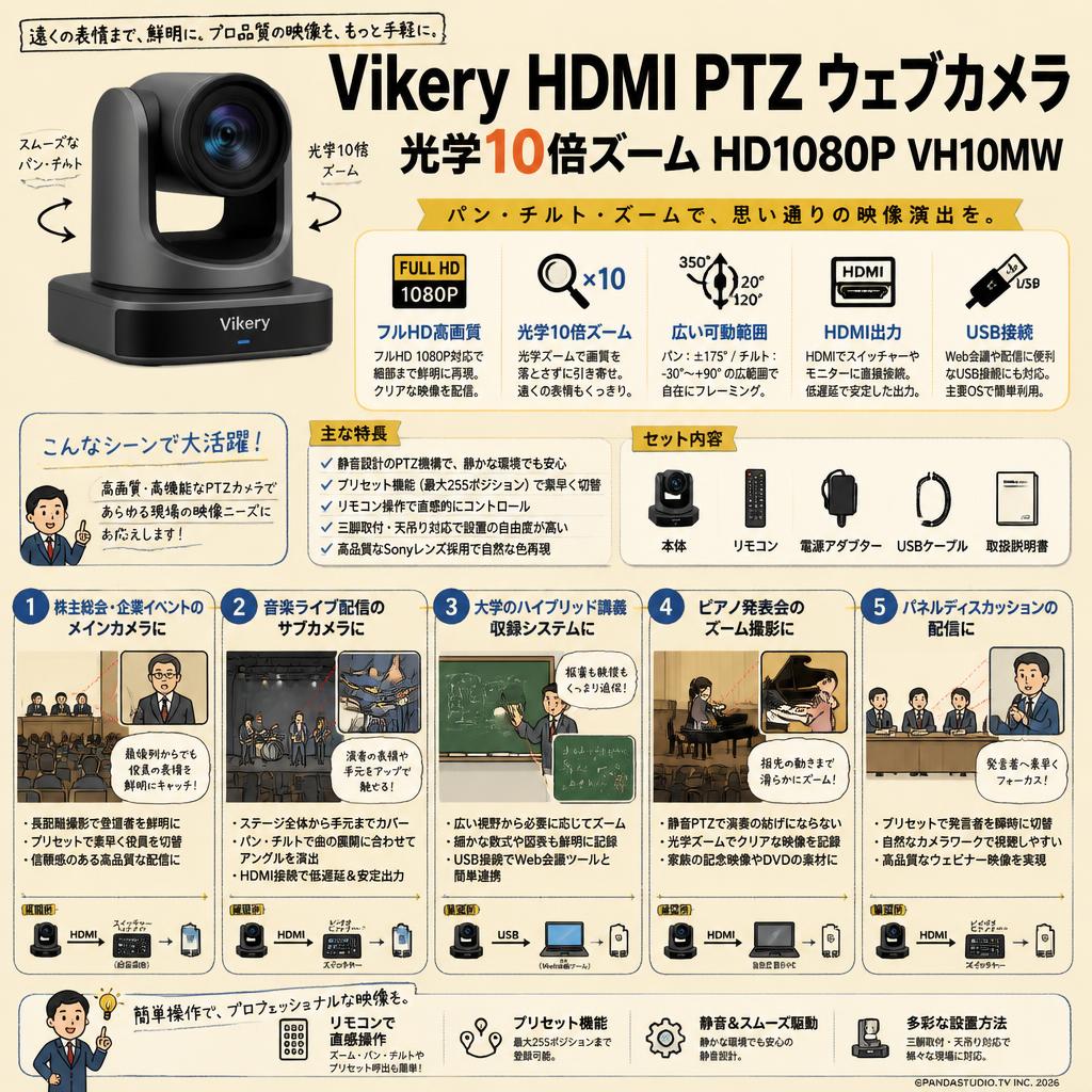 Vikery HDMI PTZ ウェブカメラ 光学10倍ズーム HD1080P VH10MW 用途
