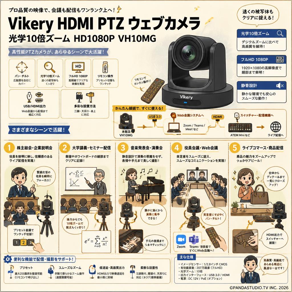 Vikery HDMI PTZ ウェブカメラ 光学10倍ズーム HD1080P VH10MG 用途
