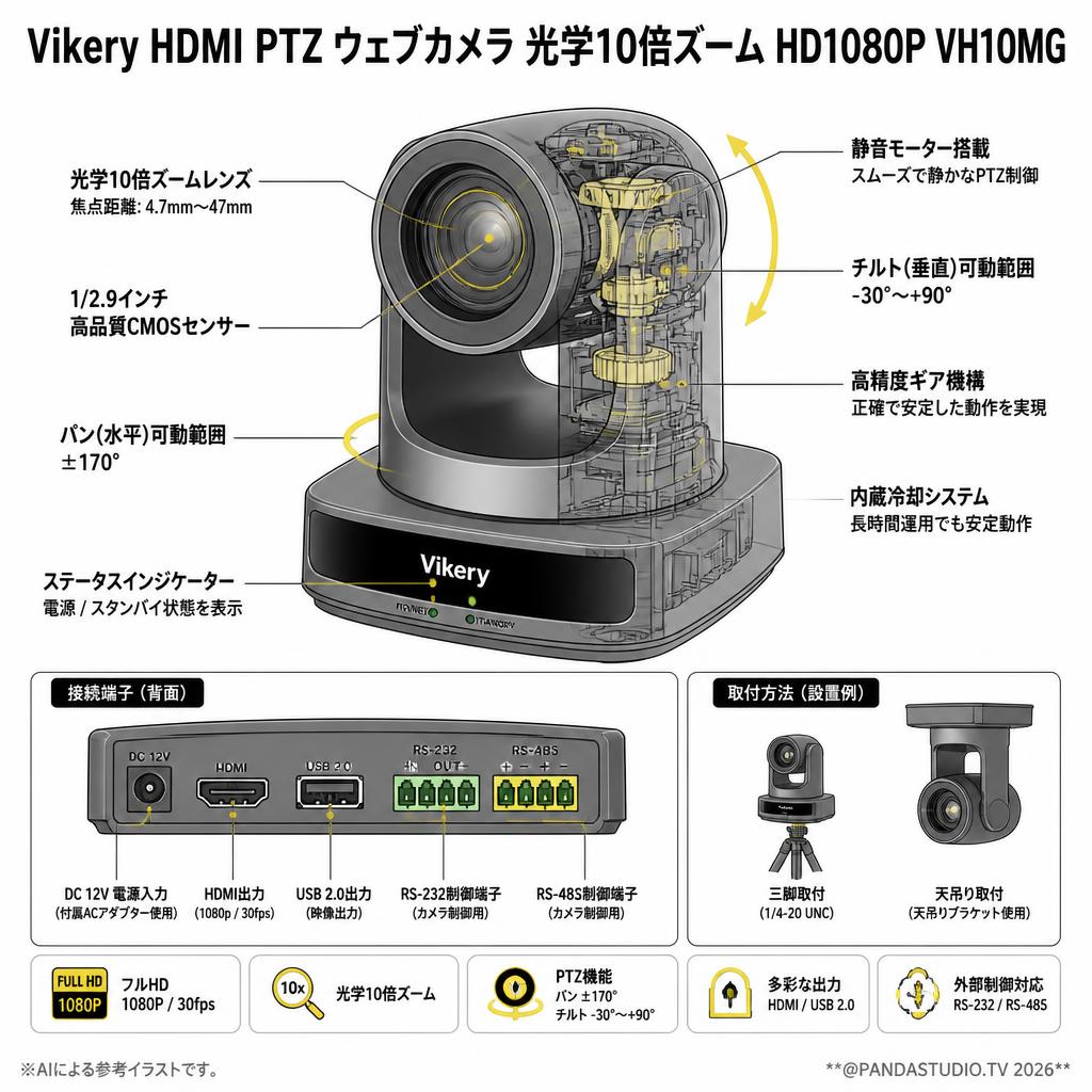 Vikery HDMI PTZ ウェブカメラ 光学10倍ズーム HD1080P VH10MG スペック