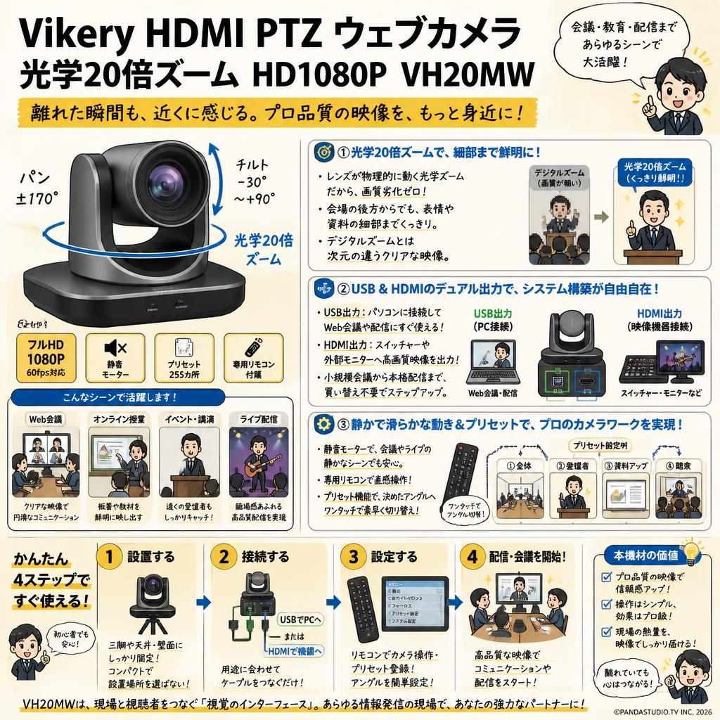 Vikery HDMI PTZ ウェブカメラ 光学20倍ズーム HD1080P VH20MW 概要