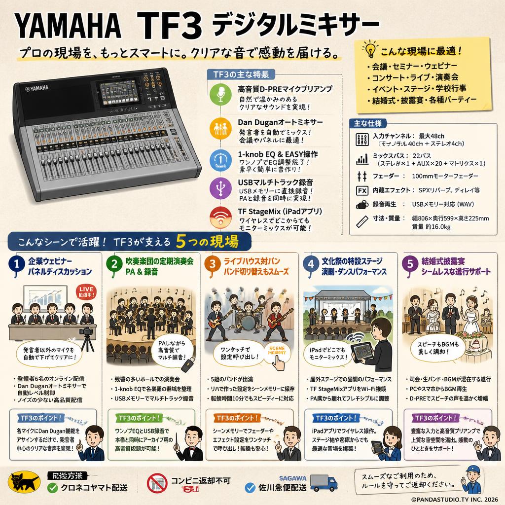 YAMAHA  TF3 デジタルミキサー【クロネコヤマト配送・コンビニ返却不可/佐川急便配送】 用途