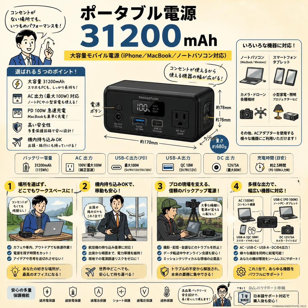 ポータブル電源 31200mAh【大容量モバイル電源（iPhone/MacBook/ノートパソコン対応）】 概要