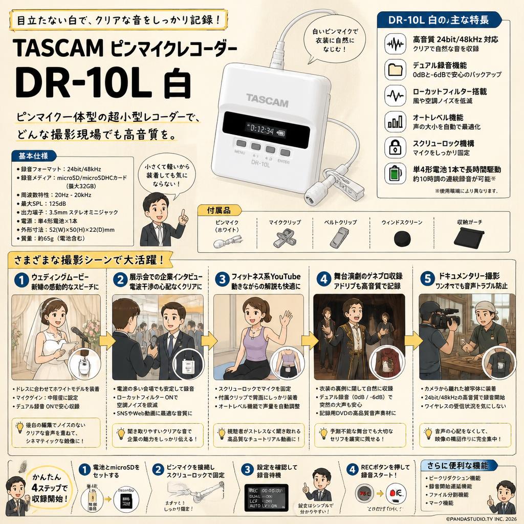 TASCAM ピンマイクレコーダー DR-10L 白 用途