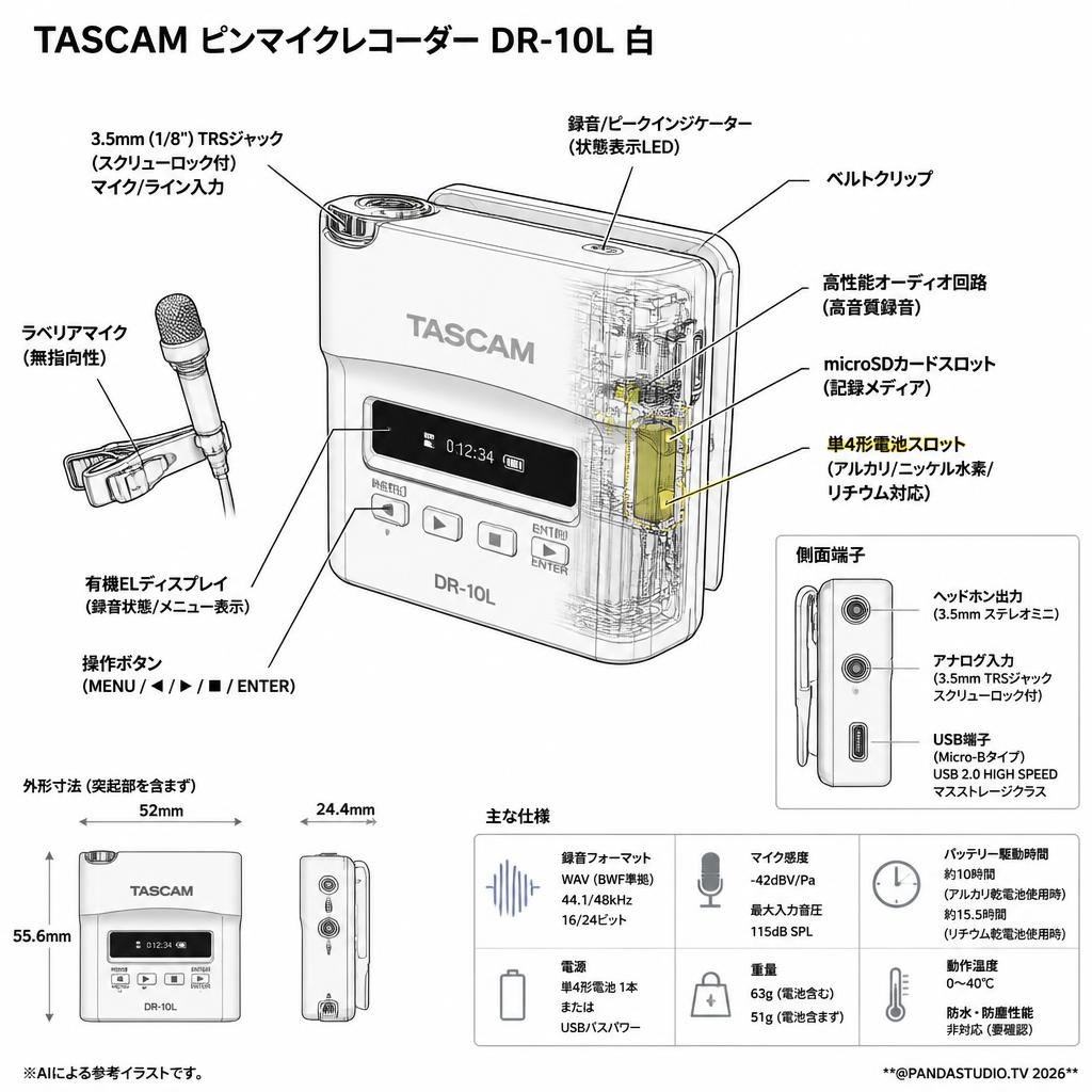 TASCAM ピンマイクレコーダー DR-10L 白 スペック