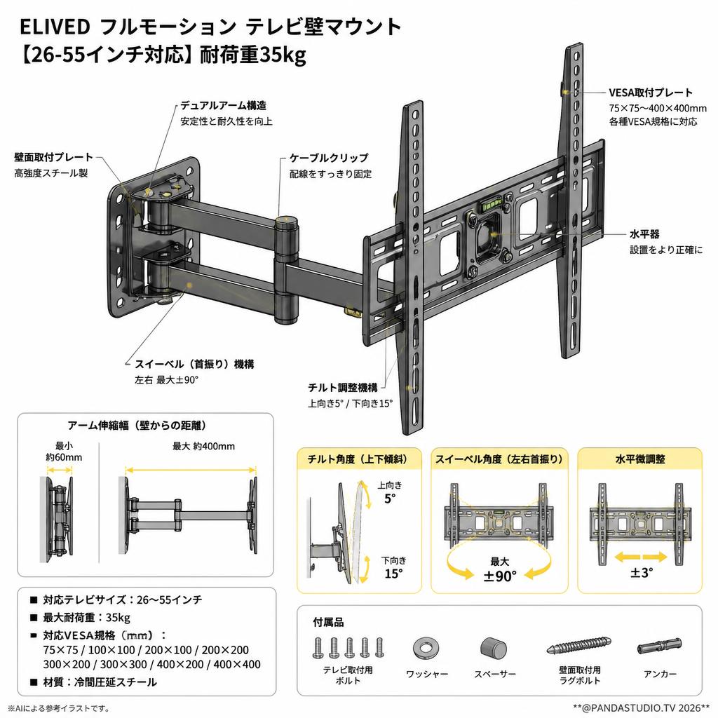 ELIVED フルモーション テレビ壁マウント【26-55インチ対応】耐荷重35kg スペック