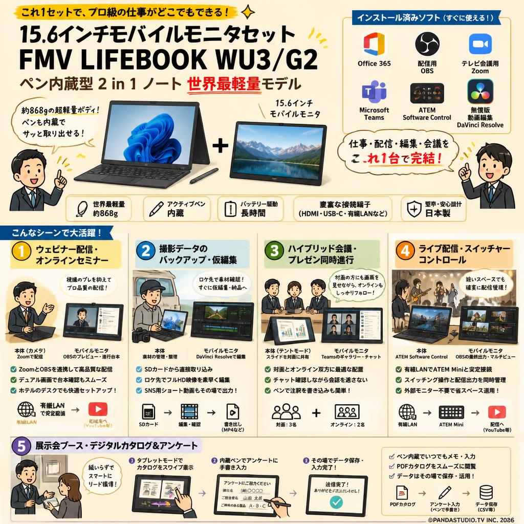 【15.6インチモバイルモニタセット】FMV LIFEBOOK WU3/G2 ペン内蔵型 2 in 1 ノート世界最軽量モデル【 Office365 / 配信用OBS / テレビ会議用Zoom / Microsoft Teams / ATEM Software Control / 無償版 動画編集DaVinci Resolve インストール済】 用途