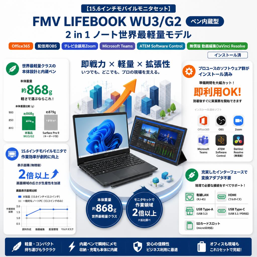 【15.6インチモバイルモニタセット】FMV LIFEBOOK WU3/G2 ペン内蔵型 2 in 1 ノート世界最軽量モデル【 Office365 / 配信用OBS / テレビ会議用Zoom / Microsoft Teams / ATEM Software Control / 無償版 動画編集DaVinci Resolve インストール済】 セールスポイント