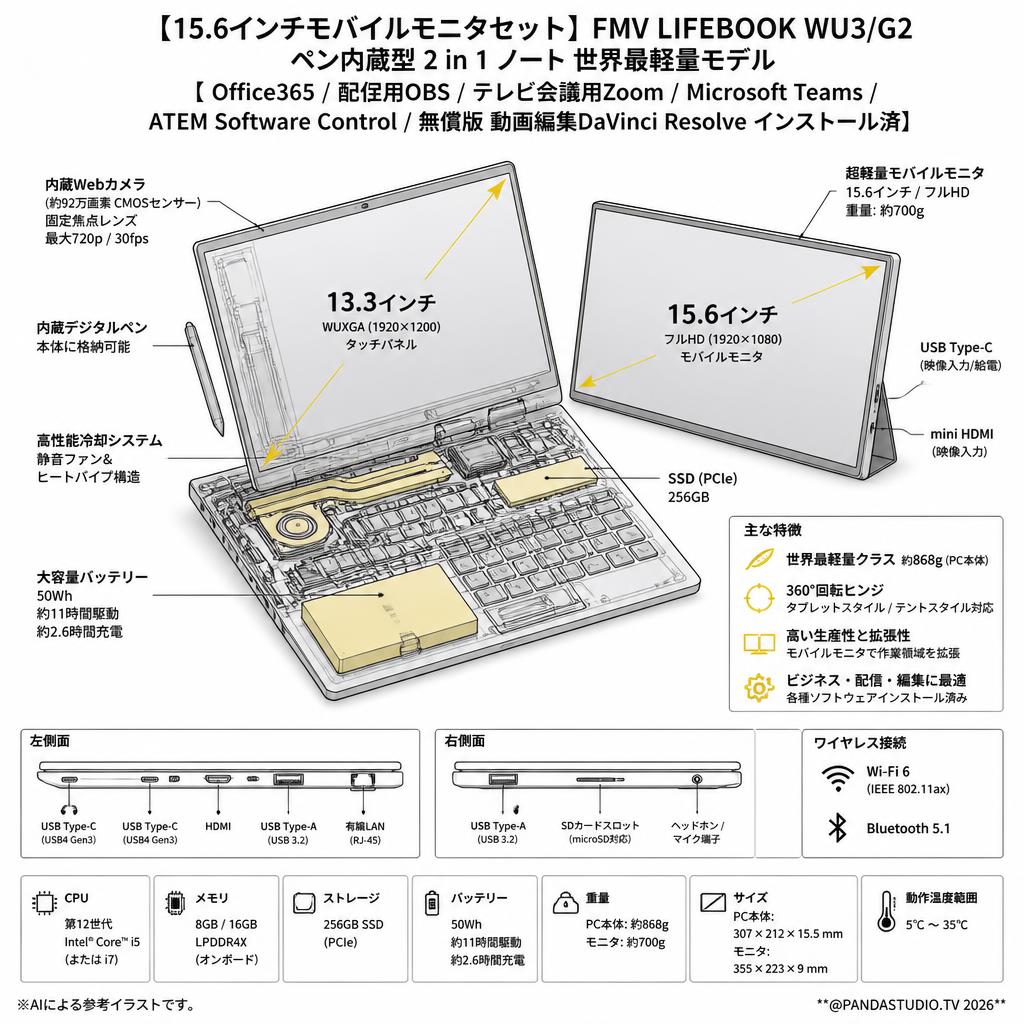 【15.6インチモバイルモニタセット】FMV LIFEBOOK WU3/G2 ペン内蔵型 2 in 1 ノート世界最軽量モデル【 Office365 / 配信用OBS / テレビ会議用Zoom / Microsoft Teams / ATEM Software Control / 無償版 動画編集DaVinci Resolve インストール済】 スペック