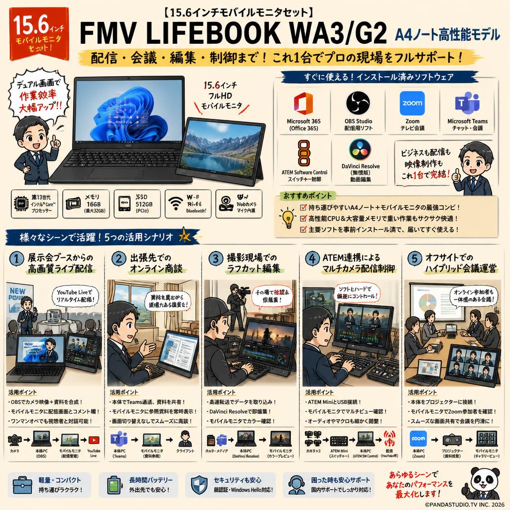 【15.6インチモバイルモニタセット】FMV LIFEBOOK WA3/G2 A4ノート高性能モデル【 Office365 / 配信用OBS / テレビ会議用Zoom / Microsoft Teams / ATEM Software Control / 無償版 動画編集DaVinci Resolve インストール済】 用途