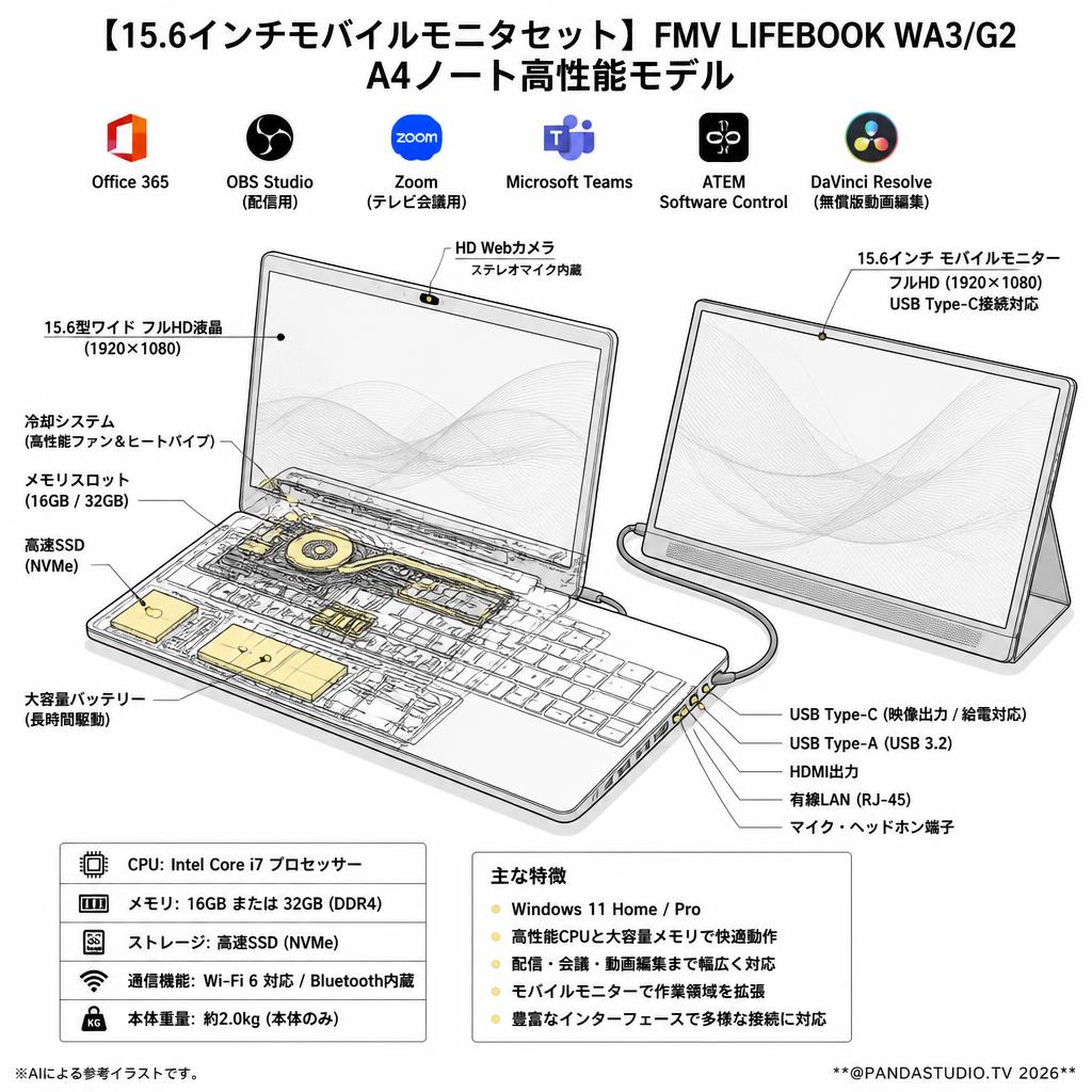 【15.6インチモバイルモニタセット】FMV LIFEBOOK WA3/G2 A4ノート高性能モデル【 Office365 / 配信用OBS / テレビ会議用Zoom / Microsoft Teams / ATEM Software Control / 無償版 動画編集DaVinci Resolve インストール済】 スペック